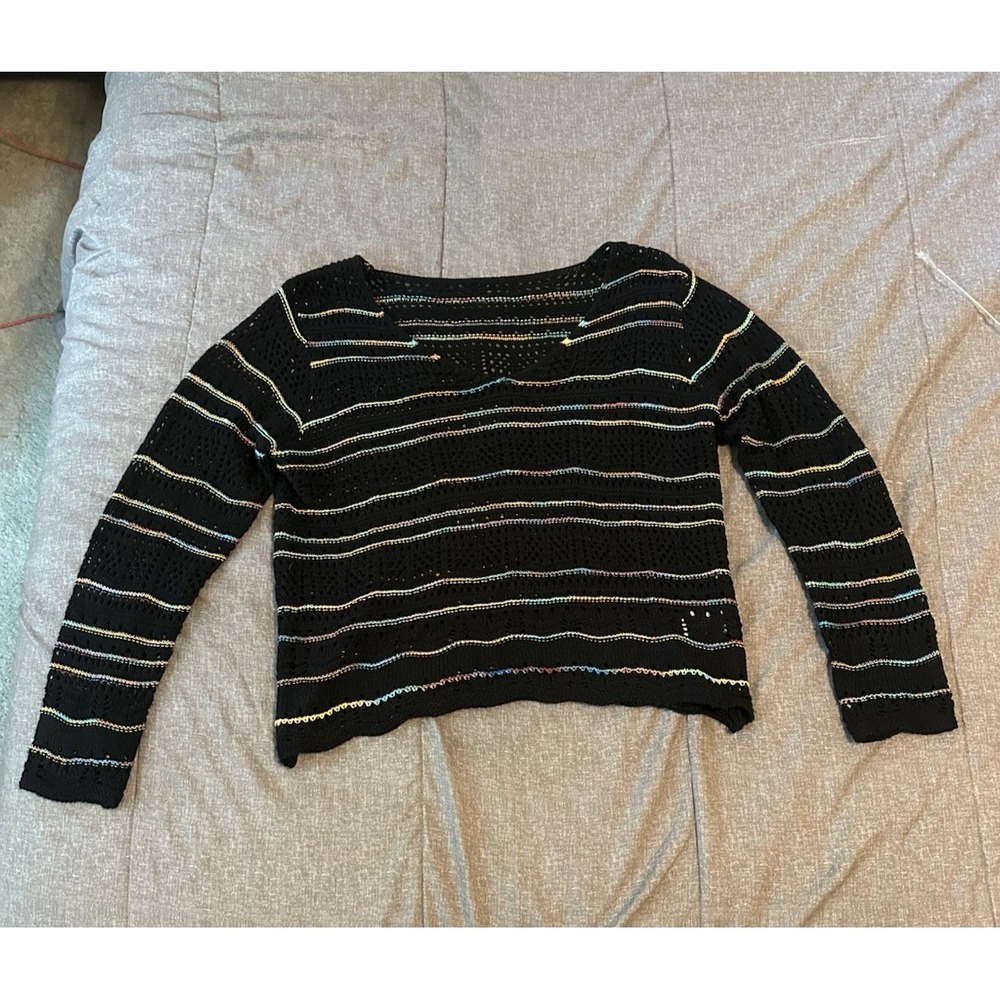 Crochet Black Rainbow Stripe Open Knit Womens Sweater S Y2K Festival Boho Pride